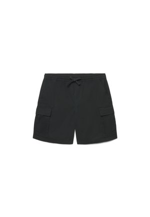 Pantaloncini cargo neri da uomo con vita elasticizzata, coulisse, tasche laterali con patta e tasche nei fianchi, posati distesi su sfondo bianco.