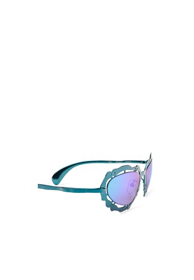 Teal zonnebril met grote, reflecterende lenzen. Het montuur heeft een decoratief uitsnijd ontwerp en stijlvolle armen, wat zorgt voor een gedurfde uitstraling.