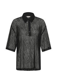 Blouse en dentelle noire à manches courtes avec motif floral, encolure collier et trois boutons sur la patte de boutonnage avant.