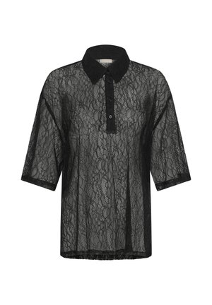 Blouse en dentelle noire à manches courtes avec motif floral, encolure collier et trois boutons sur la patte de boutonnage avant.