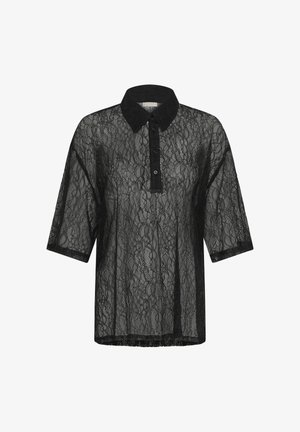 Sort blondebedecked bluse med korte ærmer, blomstermønster, kraveudskæring og tre knapper på frontplacket.