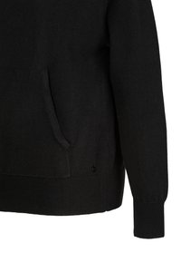 Zwart sweatshirt van een gestructureerde stof, met een kangoeroezak, ribgebreide manchetten en zoom. Eenvoudig ontwerp met minimale accenten.