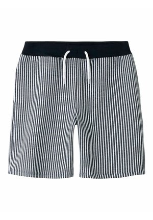 Shorts rayés verticalement noir et blanc avec une ceinture élastique noire et un cordon blanc, vue de face sur fond blanc.