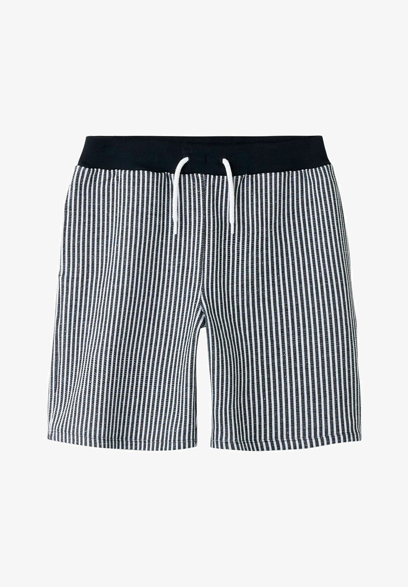Shorts rayés verticalement noir et blanc avec une ceinture élastique noire et un cordon blanc, vue de face sur fond blanc.