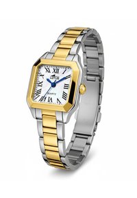 Quarzuhr mit einem achteckigen silbernen und goldenen Armband, weißem Perlmuttzifferblatt, römischen Ziffern, blauen Zeigern und Logo oben.