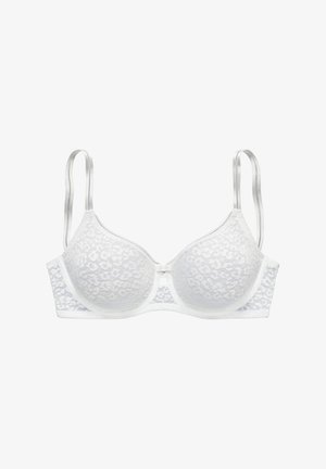 White lace bra with underwire, smooth molded cups, adjustable straps, and a small center embellishment. Features a soft, textured pattern.