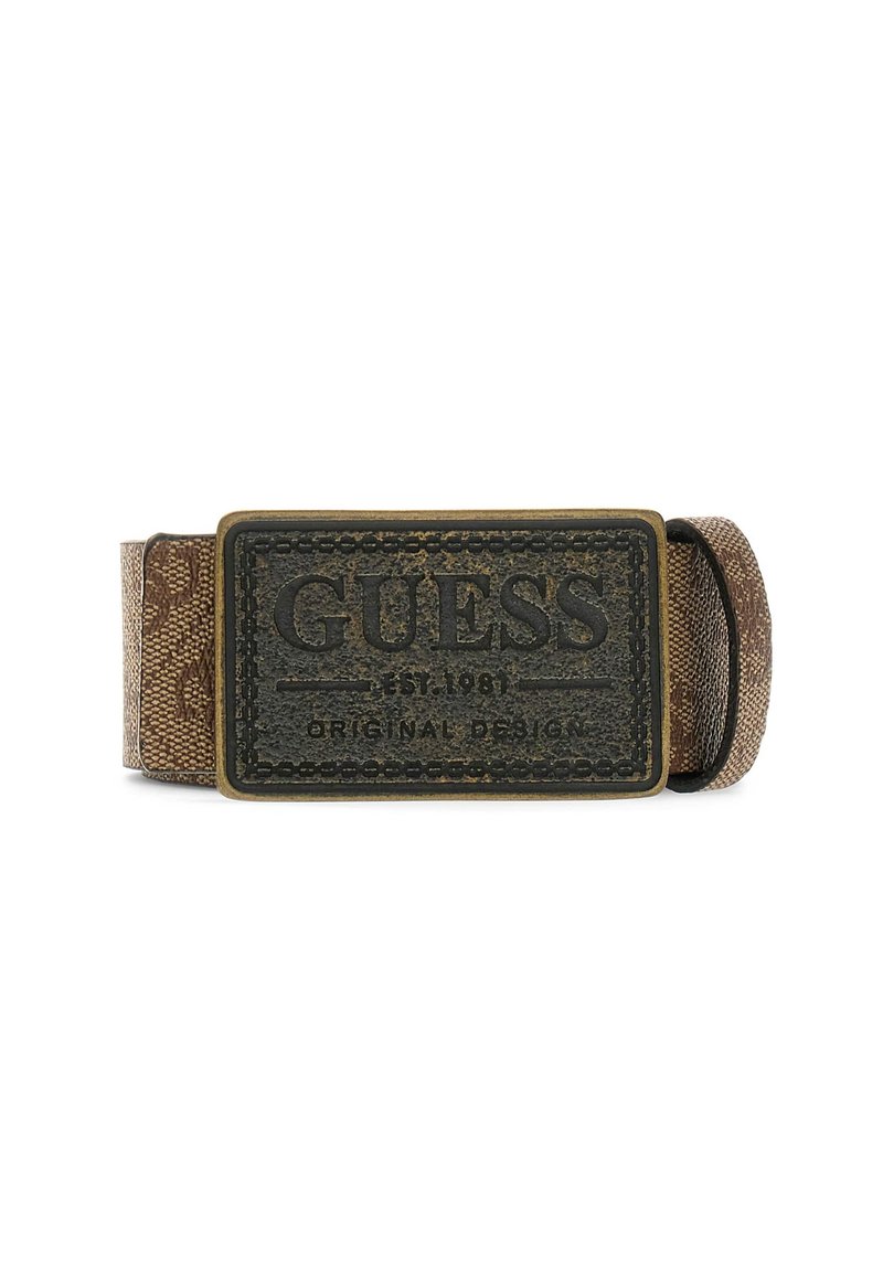 Ceinture en textile marron avec un patch en cuir noir rectangulaire portant un texte en relief. Motif distinct sur le tissu et accents en bronze.