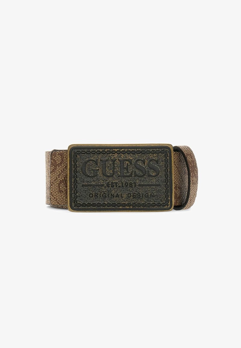 Brown textile belt featuring a rectangular black leather patch with embossed text. Distinct pattern on fabric and bronze hardware accents.