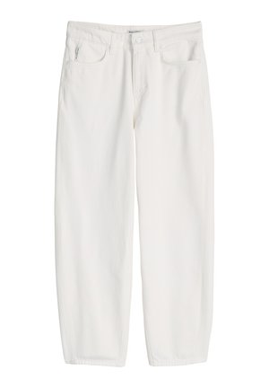 White high-waist straight-leg jeans with front pockets, belt loops, button closure, and zip fly.