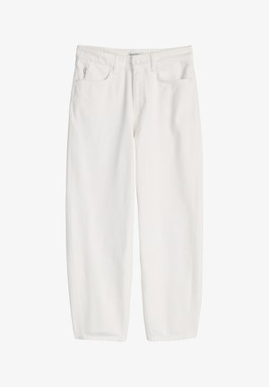 White high-waist straight-leg jeans with front pockets, belt loops, button closure, and zip fly.