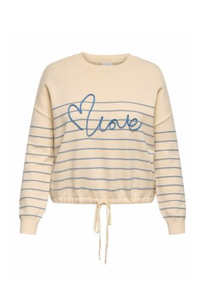 Béžový svetr s dlouhým rukávem s modrými vodorovnými pruhy, modrým vyšívaným srdcem a nápisem "love" přes hrudník a stahovací šňůrkou na spodním lemu.