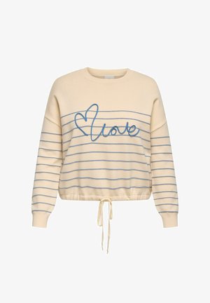 Béžový svetr s dlouhým rukávem s modrými vodorovnými pruhy, modrým vyšívaným srdcem a nápisem "love" přes hrudník a stahovací šňůrkou na spodním lemu.
