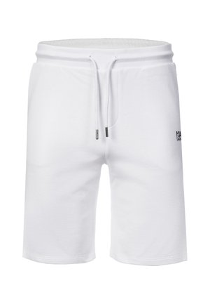 White knee-length casual shorts with elastic waistband and front drawstring, featuring a small black logo on the right thigh.