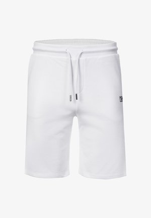 Pantaloncini bianchi casual fino al ginocchio con vita elastica e coulisse frontale, con un piccolo logo nero sulla coscia destra.