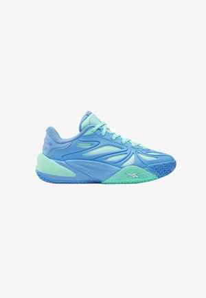 Blauer und minzgrüner Sportschuh mit wellenförmigen Mustern, Schnürsenkeln, gepolstertem Kragen und strukturierter Sohle, von der linken Seite gezeigt.