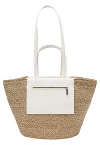 Sac en osier tressé avec une poche avant en cuir blanc et deux poignées, une courte et une longue, pour un transport à l'épaule ou à la main.