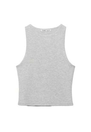 Világosszürke, ujjatlan, rövidített top kerek nyakkivágással és látható márkajelzéssel a hátsó galléron.