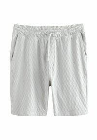 Light gray shorts with an elastic waistband and drawstring. Features textured pattern with square shapes and two side pockets.