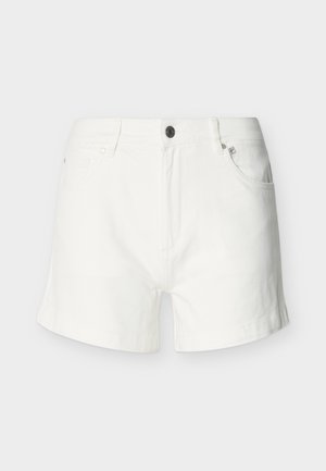 White denim shorts with front button and zip closure, belt loops, and five-pocket design against a plain background.