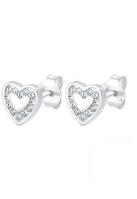 Silver heart-shaped earrings with a central cutout, surrounded by clear crystals. Smooth finish, 925 stamp on back. Classic stud design.