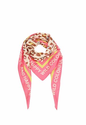 Pink and beige triangular scarf with leopard print and text "WILD COLORFUL AND HAPPY" along the edges.