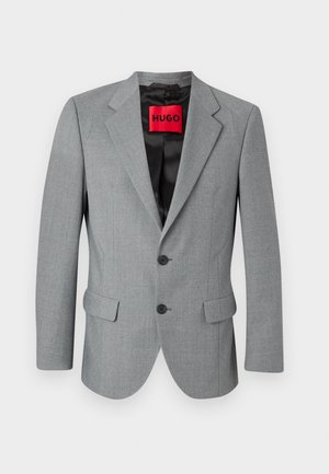 Gray blazer made of textured fabric, featuring a notched lapel, two front pockets, three black buttons, and a red "HUGO" label inside.