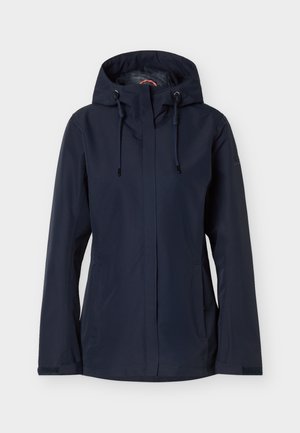 Veste imperméable bleu marine avec capuche, cordons de serrage ajustables, fermeture éclair à l'avant recouverte d'un rabat coupe-vent, et deux poches latérales.