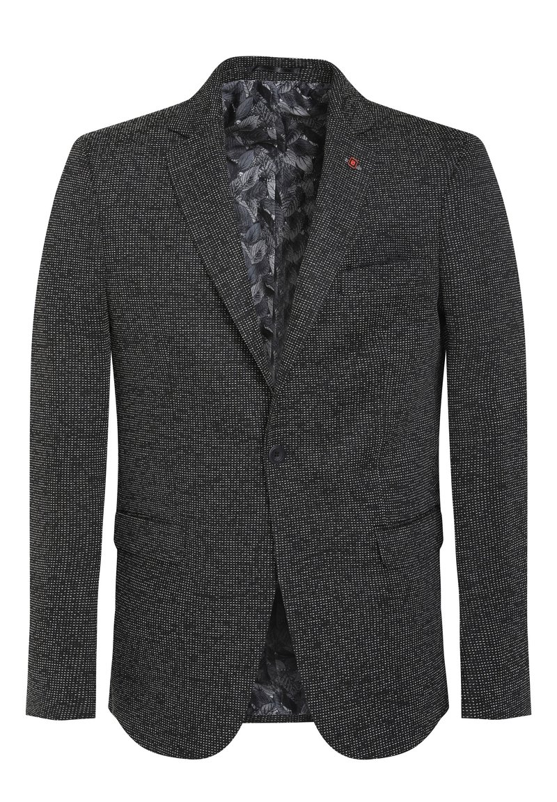 Blazer grigio con una finitura testurizzata, dotato di revers a V, due tasche frontali e una fodera interna a motivo. Chiusura a due bottoni.