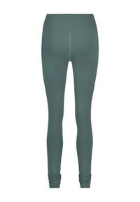 Grau-grüne Leggings, dehnbare Stoffqualität, hohe Taille, glatte Textur, taillierte Passform, Raffung am Knöchel, geeignet für Sportbekleidung oder Freizeit.