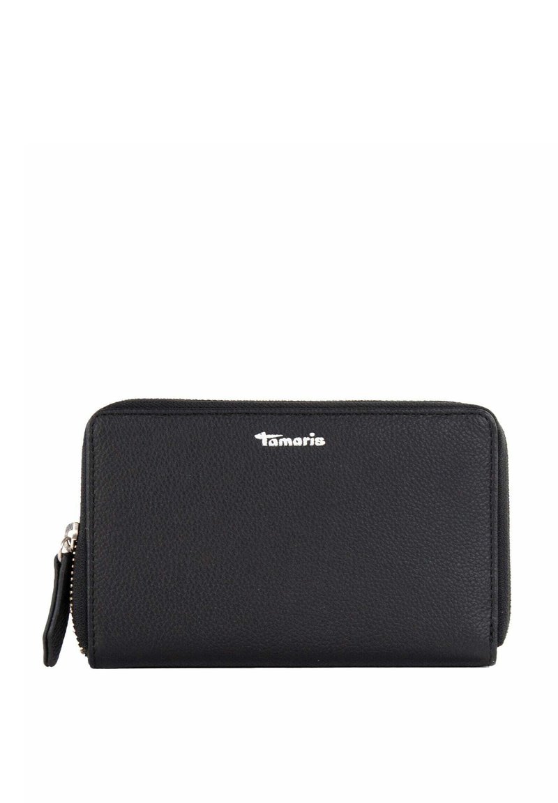 Black leather wallet with a textured finish, featuring a zip closure and a silver logo on the front. Compact rectangular design.
