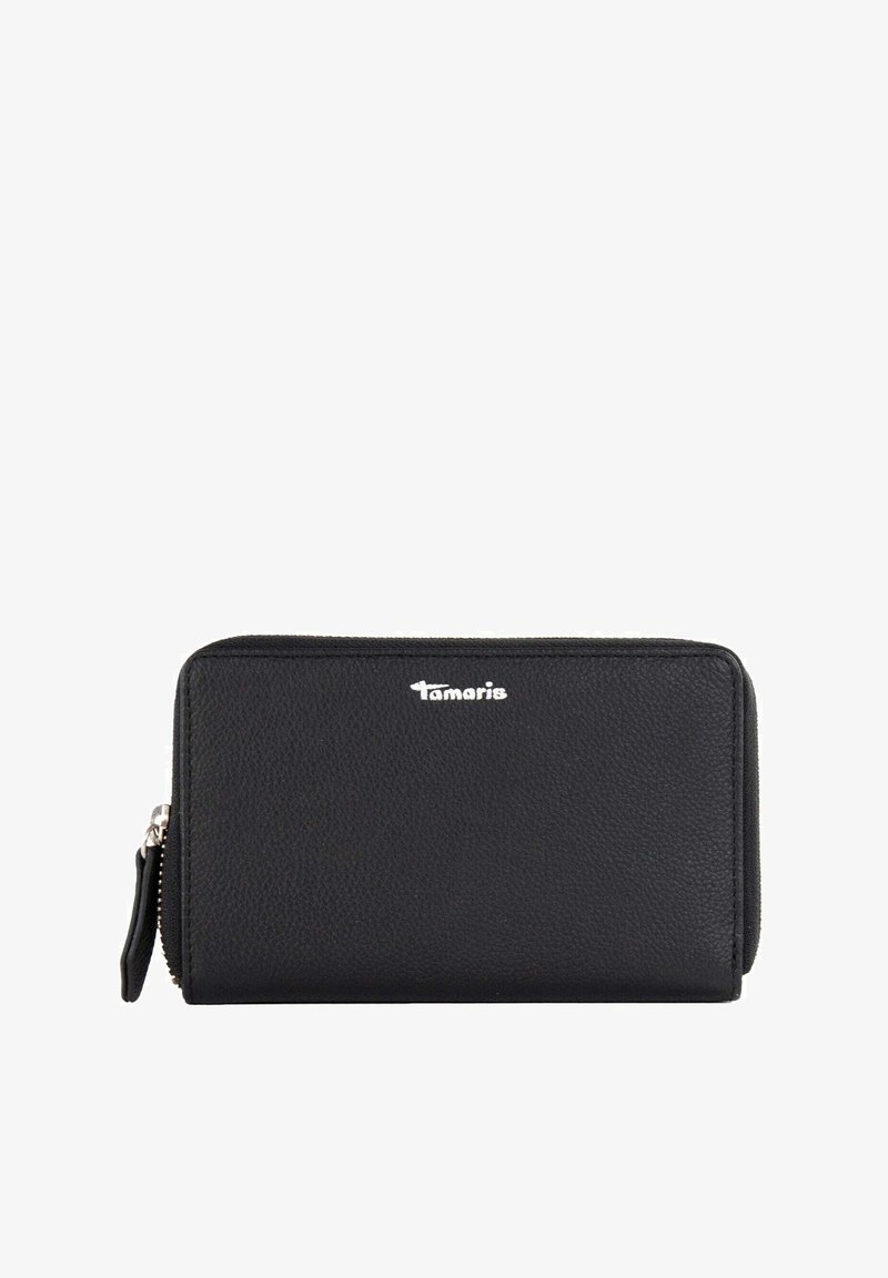 Black leather wallet with a textured finish, featuring a zip closure and a silver logo on the front. Compact rectangular design.
