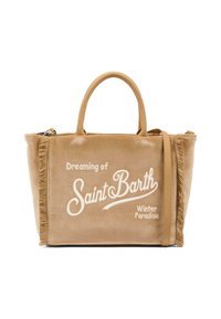 Sac fourre-tout en suède tan avec des détails en franges, arborant un texte brodé blanc "Rêvant de Saint Barth Paradis d'Hiver" sur le devant.