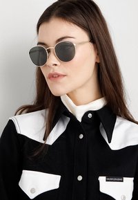 Ochelari de soare cu ramă rotundă, lentile gri, accente din metal aurit și un design elegant. Modelul poartă o cămașă alb-negru cu nasturi tip snap.