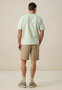 T-shirt rayé vert clair à manches courtes, associé à un short beige. La tenue présente une coupe décontractée et des chaussures de sport décontractées.