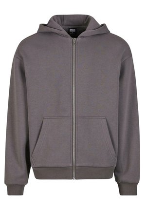 Grå zip-up hættejakke med en kængurulomme, ribbede manchetter og kant. Lavet af blødt stof med en glat tekstur. Har en hætte med snor.