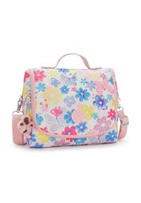 Petit sac rectangulaire à motif floral avec poignée et sangle roses, présentant des fleurs bleues, roses et jaunes, avec un porte-clés en peluche accroché.