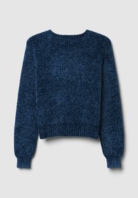 Marineblauer, gestrickter Pullover mit Rundhalsausschnitt, langen Ärmeln und Rippbündchen an Ärmeln und Saum. Besitzt eine strukturierte, weiche Stoffoberfläche.