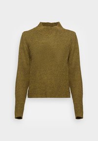 Olivengrüner, grob gestrickter Pullover mit hohem Kragen, langen Ärmeln und weiter Passform. Strukturierter Stoff mit lockerer Webart, der Wärme bietet.