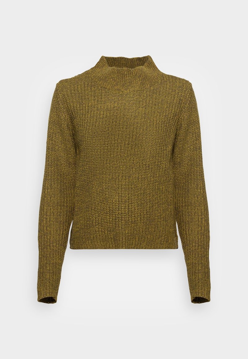 Olivengrüner, grob gestrickter Pullover mit hohem Kragen, langen Ärmeln und weiter Passform. Strukturierter Stoff mit lockerer Webart, der Wärme bietet.