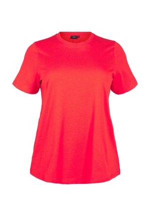 Red cotton t-shirt with short sleeves and a crew neckline; smooth texture and relaxed fit, suitable for casual wear.