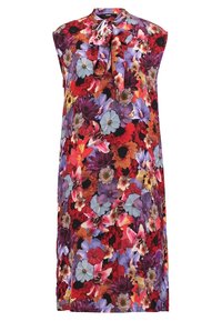 Robe sans manches à fleurs multicolores rouges, violettes, bleues et oranges, avec un col montant et un détail de nœud noué.