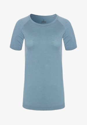 Lichtblauwe t-shirt met korte mouwen en een ronde halslijn, gemaakt van een zachte, gestructureerde stof. Bevat minimale stikdetails.