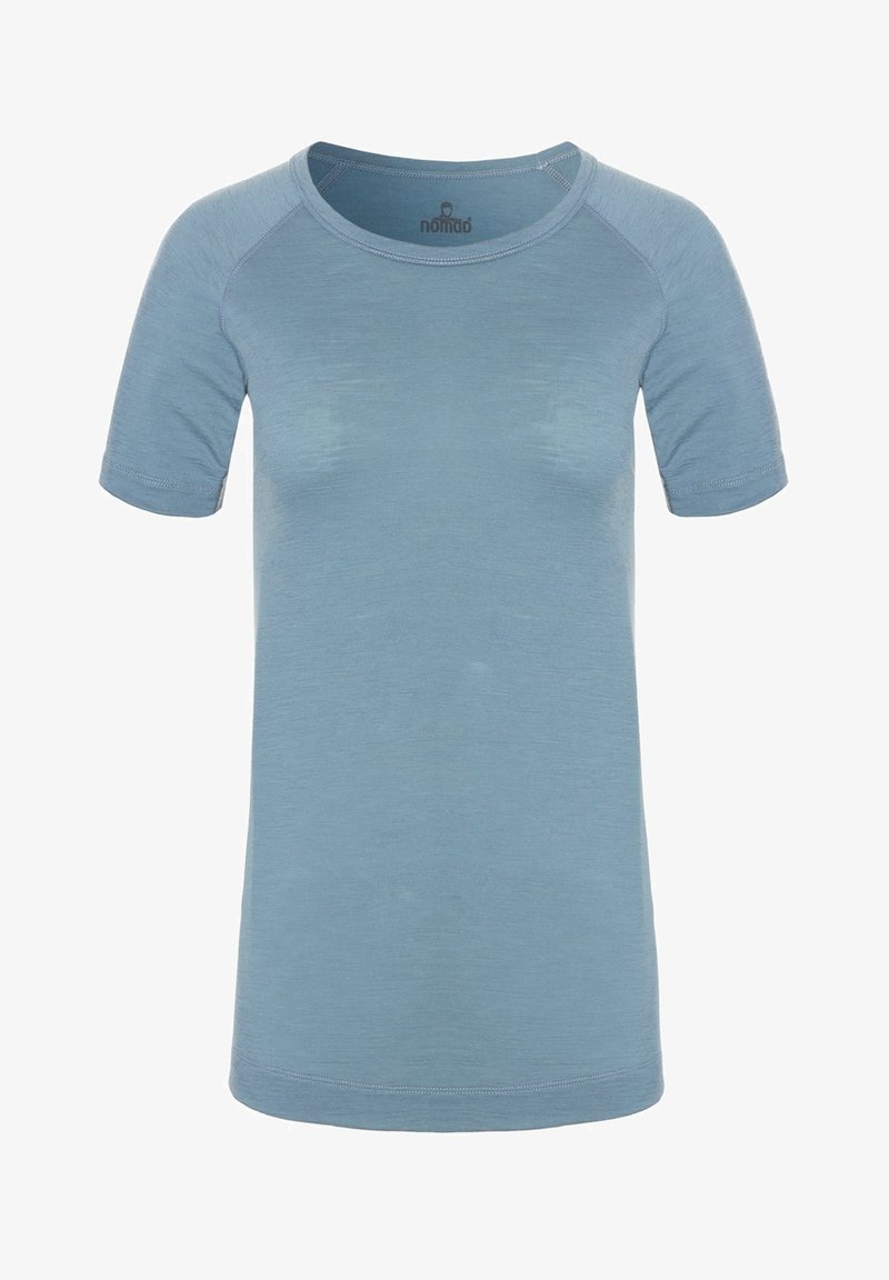 Light blue short-sleeve t-shirt with a round neckline and raglan sleeves, made from a soft, textured fabric. Features minimal stitching detail.