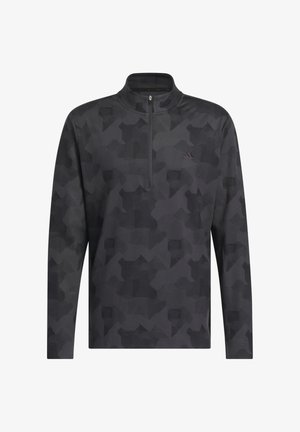 Donkergrijze pullover met lange mouwen en halve rits, subtiel geometrisch camouflagespatroon en klein logo op de linkerborst.
