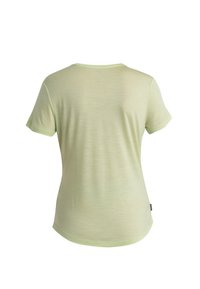 Camiseta de manga corta verde claro vista desde la parte posterior con dobladillo redondeado y sutil textura jaspeada.