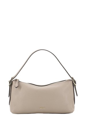 Beige leather shoulder bag with top zipper, short handle, gold "abro" logo, and gold buckle accents on each side.