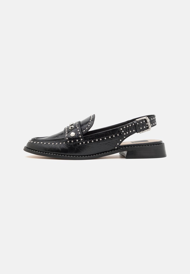Black leather slingback shoe with a low heel, adorned with silver studs and a decorative strap across the toe. Smooth texture and glossy finish.