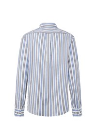 Camicia a maniche lunghe in cotone con righe verticali blu, marroni e bianche. Caratterizzata da polsini con bottone e dettaglio a pieghe sul retro.