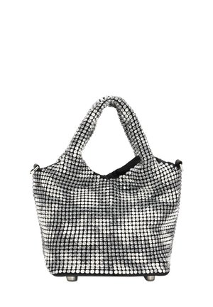 Schwarze und silberne Handtasche mit strukturiertem Oberflächenmaterial und Pailletten, runden Griffen und einem geräumigen Innenraum. Metallfüße für Stabilität.
