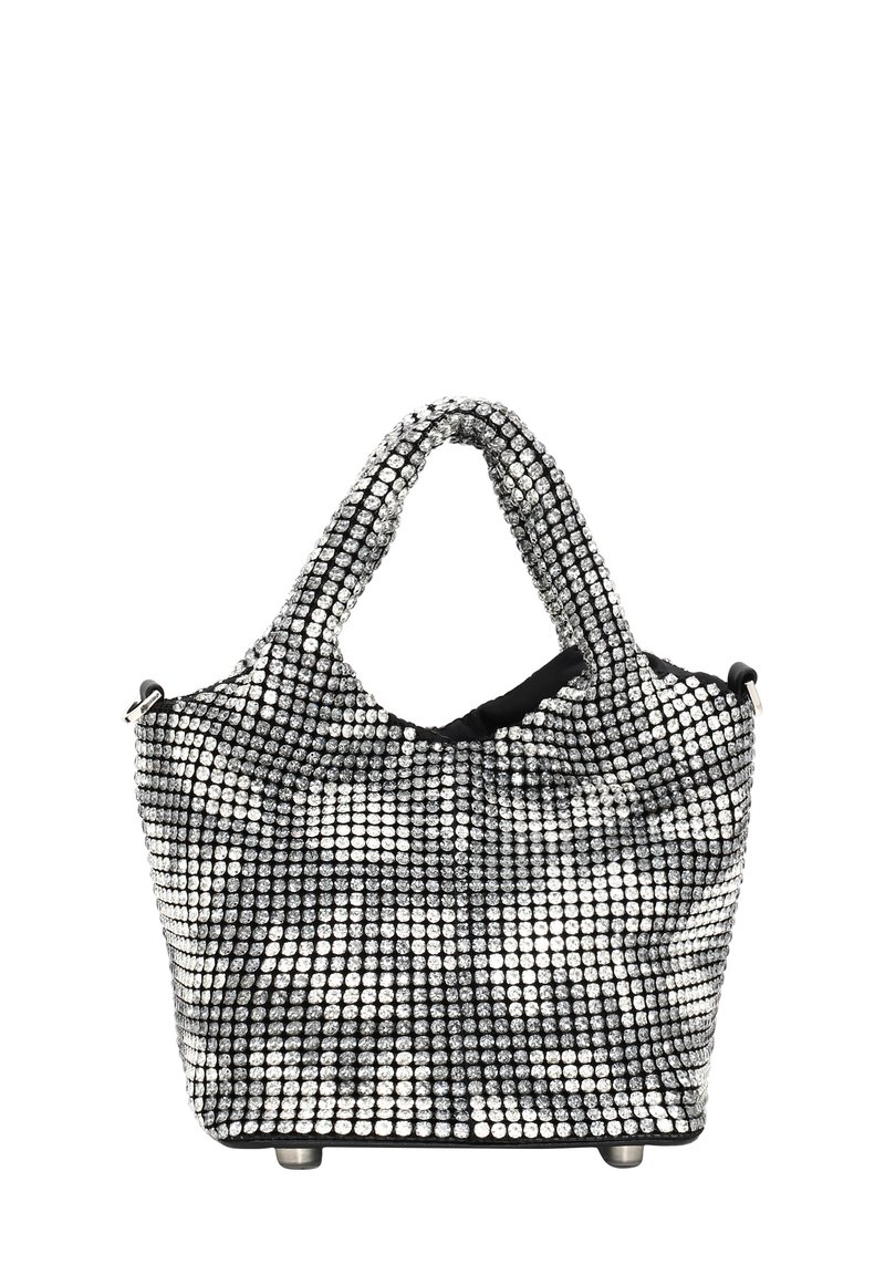 Zwarte en zilveren handtas met een gestructureerde oppervlakte met pailletten, ronde handvatten en een ruime binnenkant. Metalen voetjes voor stabiliteit.